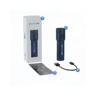 Blue Olight Traveler flashlight with retail box, charging cable and manual