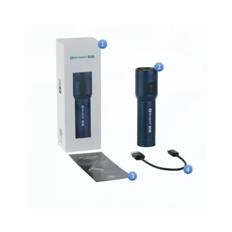 Olight Traveler Blue Box Contents Blue Olight Traveler flashlight with retail box, charging cable and manual