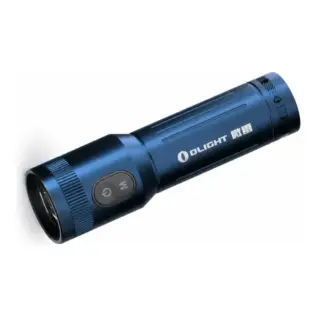 Blue Olight Traveler flashlight with upright branding on a white background