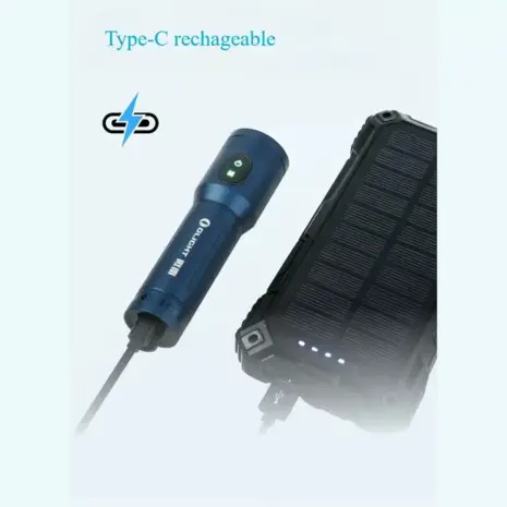 Olight Traveler USB-C Charging Blue Olight Traveler connected to a portable USB power source