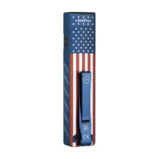 Olight ArkPro Liberty Lines rear view Rear of Olight ArkPro Liberty Lines flashlight with stars stripes and pocket clip