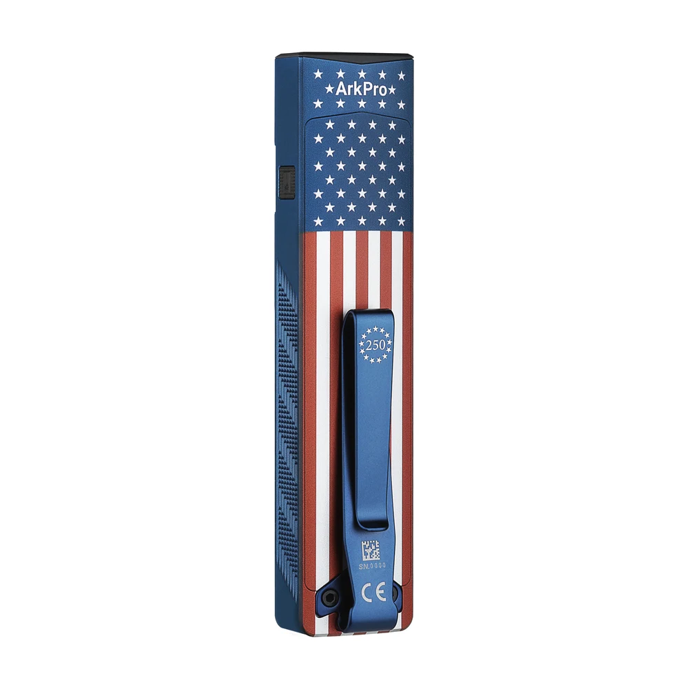 Olight ArkPro Liberty Lines 1500 Lumen EDC Flashlight 1 Rear of Olight ArkPro Liberty Lines flashlight with stars stripes and pocket clip