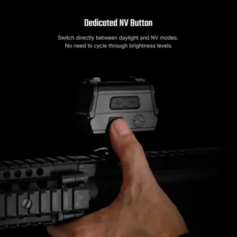 Olight Osight R — Dedicated night vision button Finger pressing the Osight R dedicated NV button