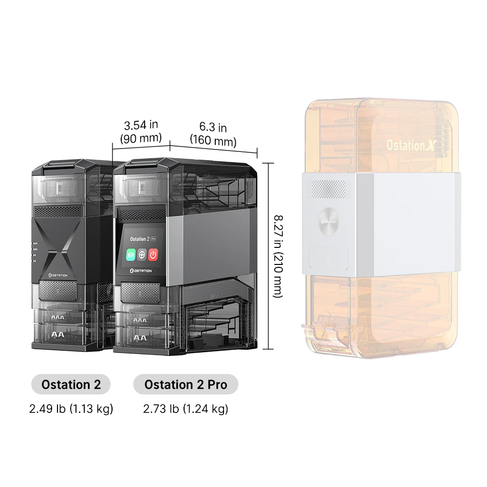 Olight Ostation 2 Smart AA/AAA Battery Station 5 Olight Ostation 2 dimensions beside the Ostation 2 Pro