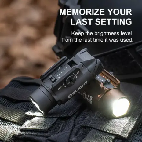 Olight PL-3R Brightness Memory Olight PL-3R switched on beside tactical equipment