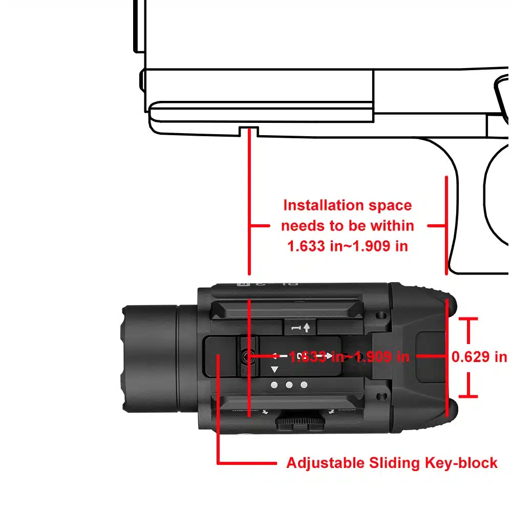 Olight PL-3R 1500 Lumen Weapon Light 2 Olight PL-3R adjustable rail-fit dimension diagram