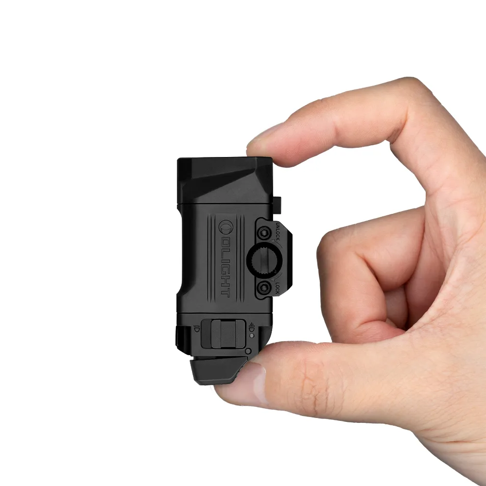 Olight PL X Compact Handheld Scale Hand holding the compact Olight PL X weapon light against a white background