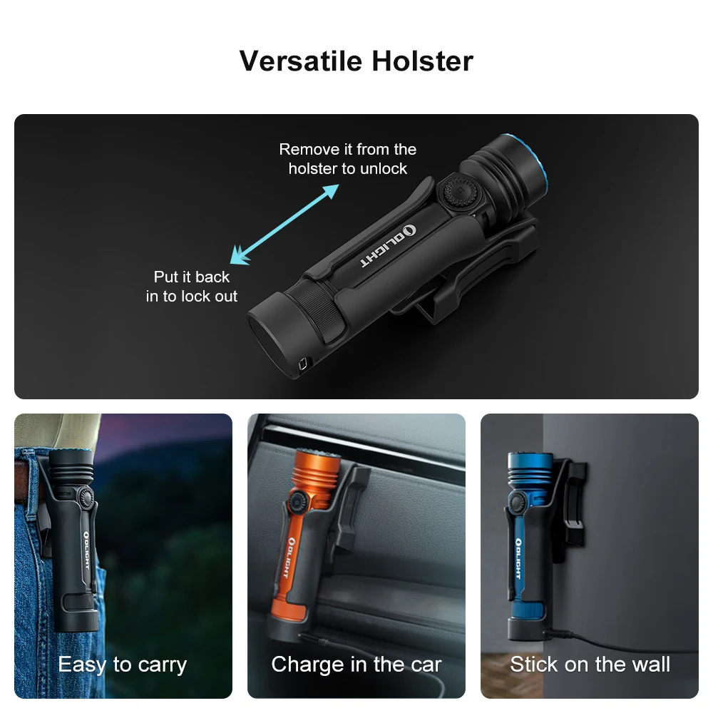 Olight Seeker 4 Pro Phantom Squadron 4600 Lumen Flashlight 3 Olight Seeker 4 Pro holster used on a belt in a vehicle and on a wall