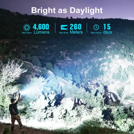 Olight Seeker 4 Pro 4600 lumen output Olight Seeker 4 Pro illuminating a landscape at 4600 lumens