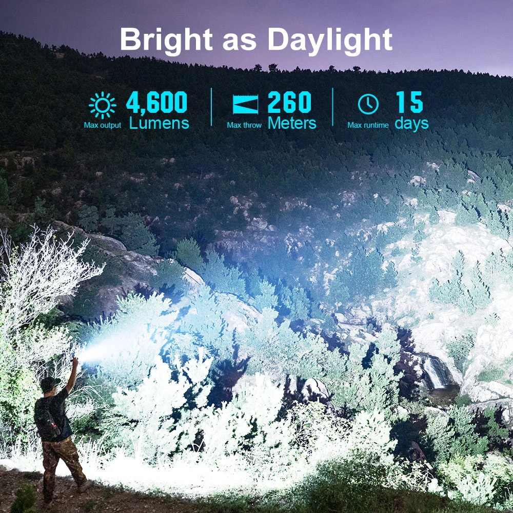 Olight Seeker 4 Pro Phantom Squadron 4600 Lumen Flashlight 1 Olight Seeker 4 Pro illuminating a landscape at 4600 lumens