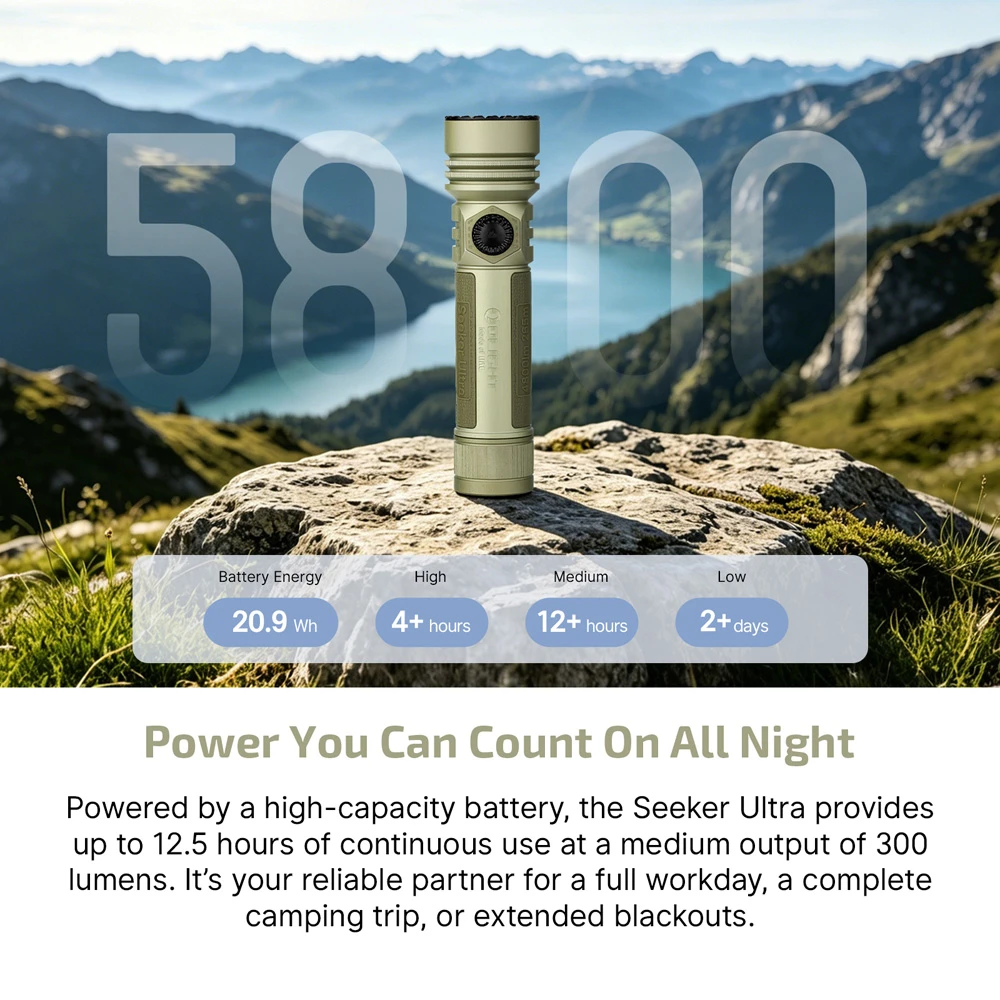 Olight Seeker Ultra 4800 Lumen Rechargeable EDC Flashlight - Olive Green 5 Olight Seeker Ultra 5800mAh battery and runtime graphic