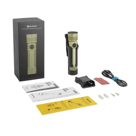 Olight Seeker Ultra Box Contents Olight Seeker Ultra flashlight with holster cable bracket and documents