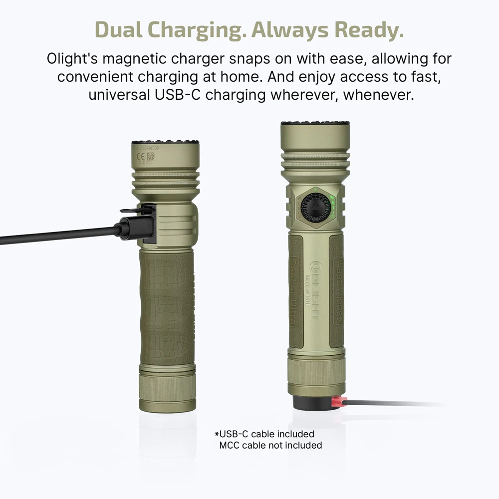 Olight Seeker Ultra 4800 Lumen Rechargeable EDC Flashlight - Olive Green 6 Olight Seeker Ultra shown with USB-C and magnetic charging