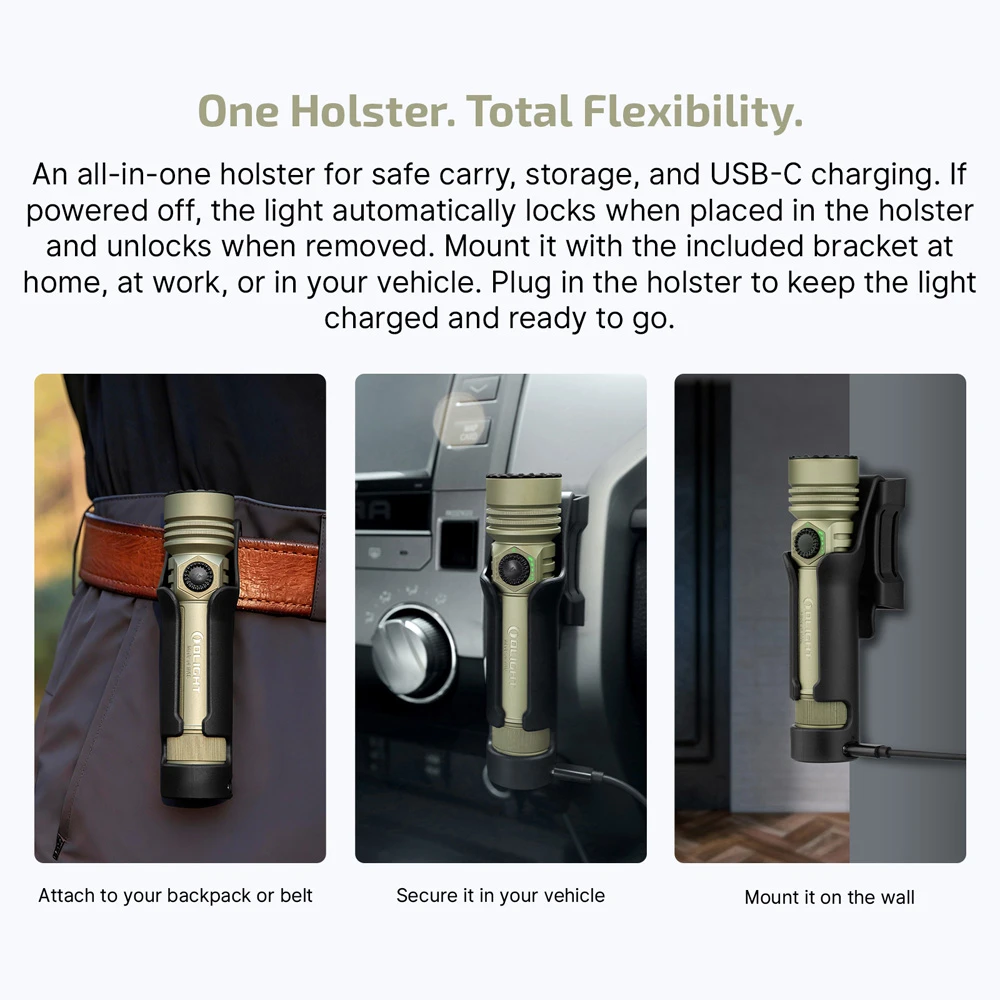 Olight Seeker Ultra 4800 Lumen Rechargeable EDC Flashlight - Olive Green 7 Olight Seeker Ultra holster used on a belt in a vehicle and on a wall