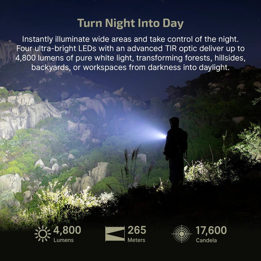 Olight Seeker Ultra 4800 Lumen Rechargeable EDC Flashlight - Olive Green 2 Hiker illuminating a mountain hillside with the Olight Seeker Ultra