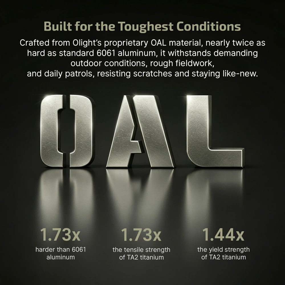 Olight Seeker Ultra 4800 Lumen Rechargeable EDC Flashlight - Olive Green 3 Olight OAL material strength comparison graphic