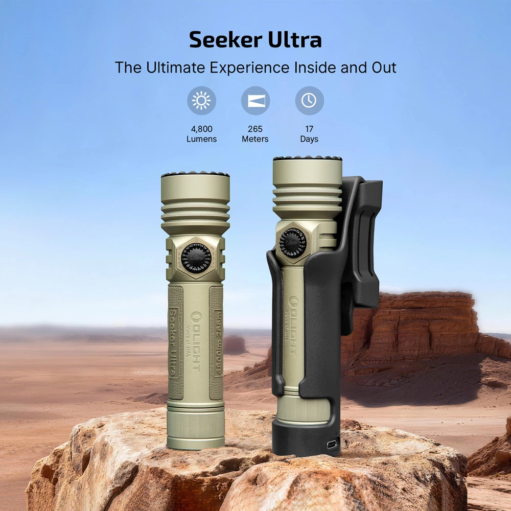 Olight Seeker Ultra 4800 Lumen Rechargeable EDC Flashlight - Olive Green 1 Olight Seeker Ultra output graphic showing 4800 lumens and 265 metres
