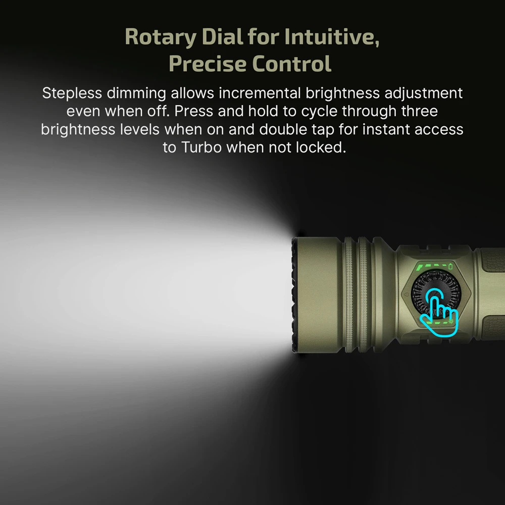 Olight Seeker Ultra 4800 Lumen Rechargeable EDC Flashlight - Olive Green 4 Olight Seeker Ultra rotary dial dimming control graphic