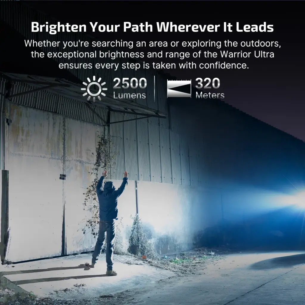 Olight Warrior Ultra 2500 Lumen Rechargeable Flashlight – Olive Green 2 Warrior Ultra flashlight beam illuminating an outdoor building at night