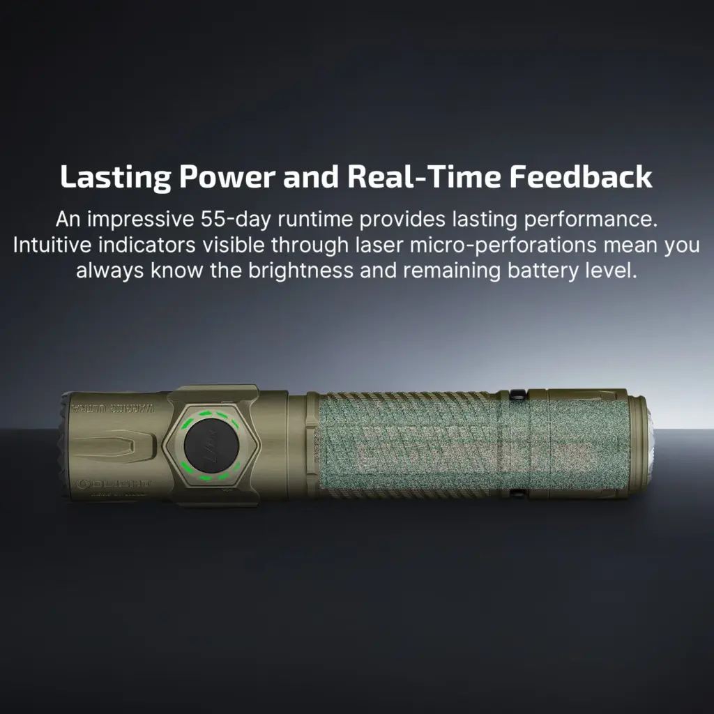 Olight Warrior Ultra 2500 Lumen Rechargeable Flashlight – Olive Green 3 Warrior Ultra flashlight with illuminated battery and brightness indicators