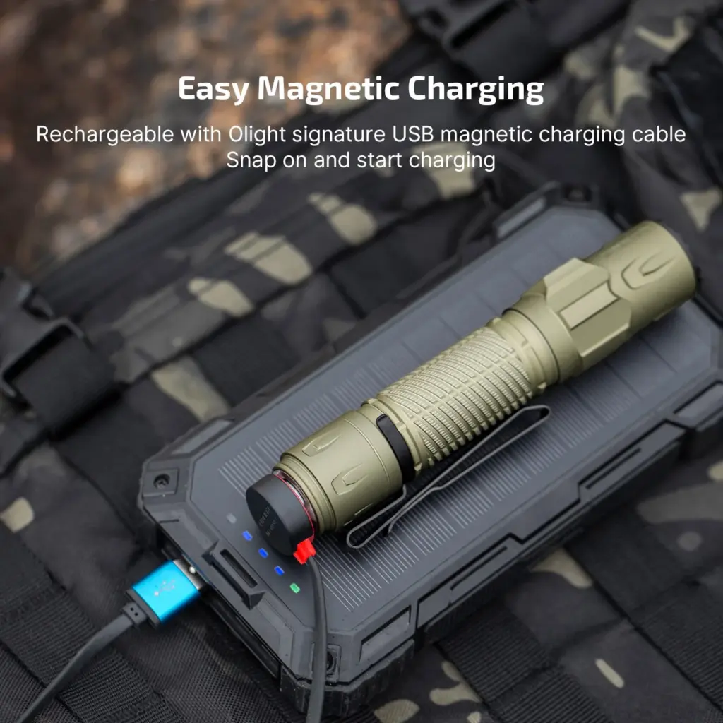 Olight Warrior Ultra 2500 Lumen Rechargeable Flashlight – Olive Green 4 Olight Warrior Ultra connected to an MCC3 magnetic charging cable