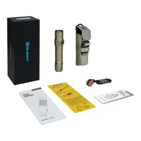 Olight Warrior Ultra Olive Green Box Contents Olight Warrior Ultra flashlight with holster charging cable and manuals