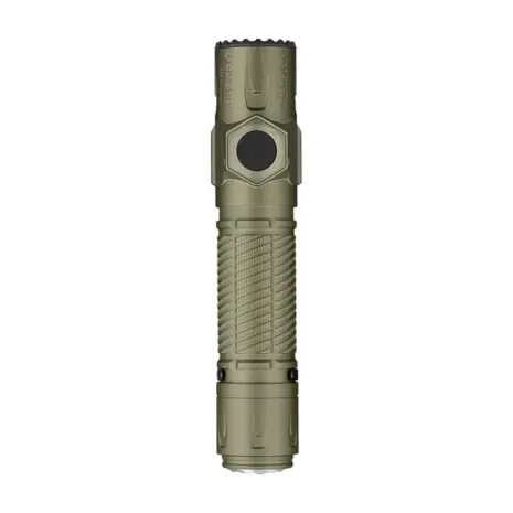 Olight Warrior Ultra Olive Green Front View Front view of the Olive Green Olight Warrior Ultra flashlight