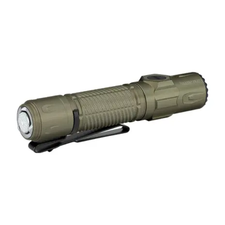 Olight Warrior Ultra Olive Green Tail View Tail-switch view of the Olive Green Olight Warrior Ultra flashlight
