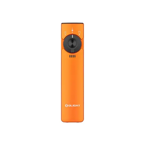 Olight Arkfeld Pro 1300 Lumen EDC Flashlight - Orange Olight Orange Arkfeld Pro Flat EDC Flashlight Front View with Laser UV and LED Selector Switch for Daily Carry