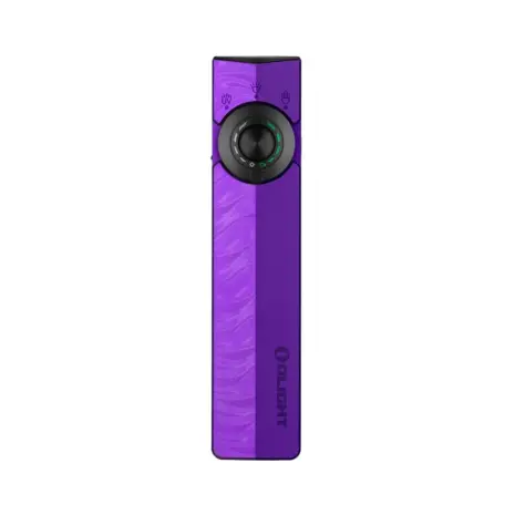 Olight ArkPro 1500 Lumen Rechargeable EDC Flashlight - Nebula Violet Olight Purple ArkPro Flat EDC Flashlight Front View with Laser UV and LED Dial Switch for Daily Carry