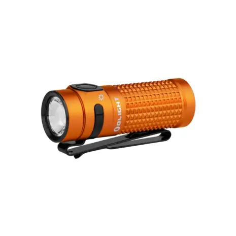 Olight Baton 4 1300 Lumen Rechargeable EDC Flashlight - Orange Olight Orange Baton 4 Premium Flashlight Side View with Textured Body and Pocket Clip for Everyday Carry and Outdoor Use