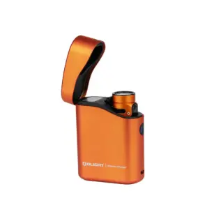 Olight Orange Baton 4 Premium flashlight in open wireless charging case for portable light and power