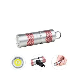Olight I1R 2 Pro EOS, silver with red wave pattern, side view, compact rechargeable keychain flashlight for EDC