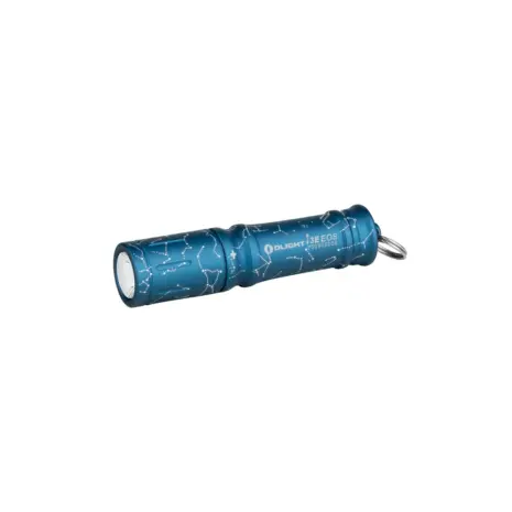 Olight i3E EOS 90 Lumen Keychain Flashlight - Astral Cobalt Olight Blue I3E EOS Flashlight Side View with Starry Pattern and Keyring for Everyday Carry