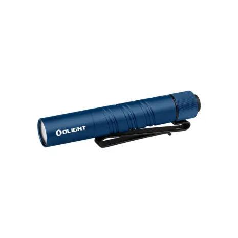 Olight i3T 2 EOS 200 Lumen EDC Flashlight - Midnight Blue Olight Blue I3T 2 flashlight side view with textured body and pocket clip for everyday carry