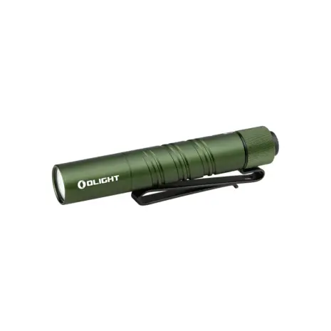 Olight i3T 2 EOS 200 Lumen EDC Flashlight - OD Green Olight olive green I3T 2 EDC flashlight, side view, with textured tailcap and pocket clip.