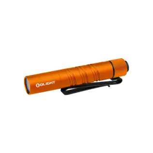 Olight Orange I3T 2 Flashlight side view with textured body and pocket clip for EDC and outdoor use