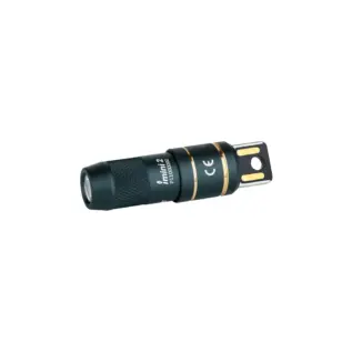 Compact dark green imini 2 flashlight with gold accents and magnetic quick-release base.