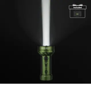 Olight OD Green Marauder Mini 2 Flashlight emitting powerful spotlight beam with included case for outdoor search and rescue