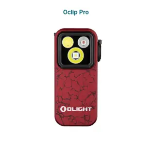 Olight Oclip Pro clip light in Molten Lava with its flood, spot and red-light lenses visible.