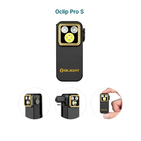 Olight Oclip Pro S 600 Lumen Clip-On EDC Flashlight - Black Olight Black Oclip Pro S front view, compact with clip and spotlight for everyday carry and outdoor use