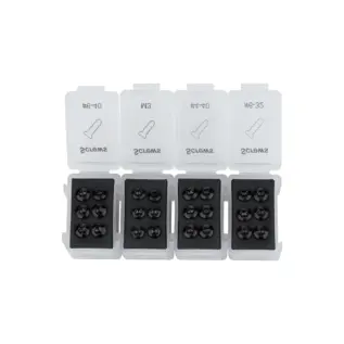 Four labeled plastic organizers containing black Torx screws in size 6-40, M3, 4-40, and 6-32 on black foam inserts
