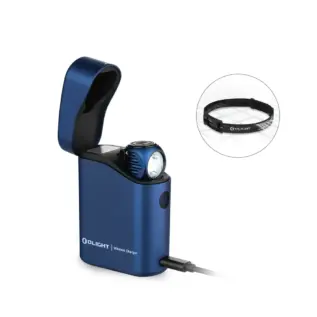 Olight Blue PERUN 3 MINI Headlamp with Wireless Charger, perfect for hands-free illumination and portable charging