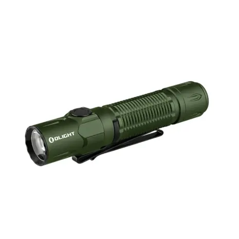 Olight Warrior 3S 2300 Lumen Tactical Flashlight - OD Green Dark green tactical LED flashlight with pocket clip for outdoor use, Olight brand, side button control