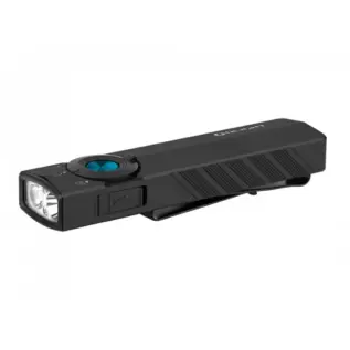 Olight ArkPro Lite flashlight - angled view of black rectangular flashlight with blue rotary control