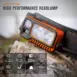 Olight Array 2 Pro 1500 Lumen Headlamp - Orange - orange headlamp on rock with feature icons and Array 2 Pro heading