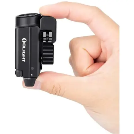 Olight Baldr S BL 800 Lumen Weapon Light - black rail-mounted light held between thumb and finger Olight Baldr S BL 800 Lumen Weapon Light - black rail-mounted light held between thumb and finger