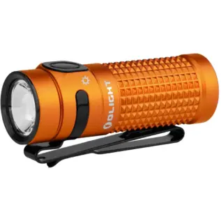 Olight Baton 4 Pro Orange flashlight - angled view of compact orange flashlight with textured grip and black pocket clip