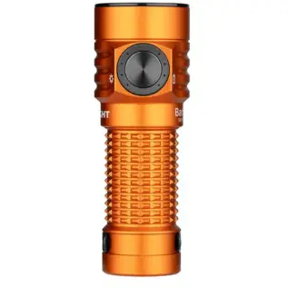 Olight Baton Turbo flashlights - upright orange cylindrical flashlight with large round side button and textured grip