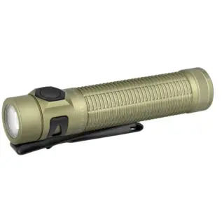 Olight Baton Ultra flashlight - angled view of olive cylindrical flashlight with ribbed body and black pocket clip